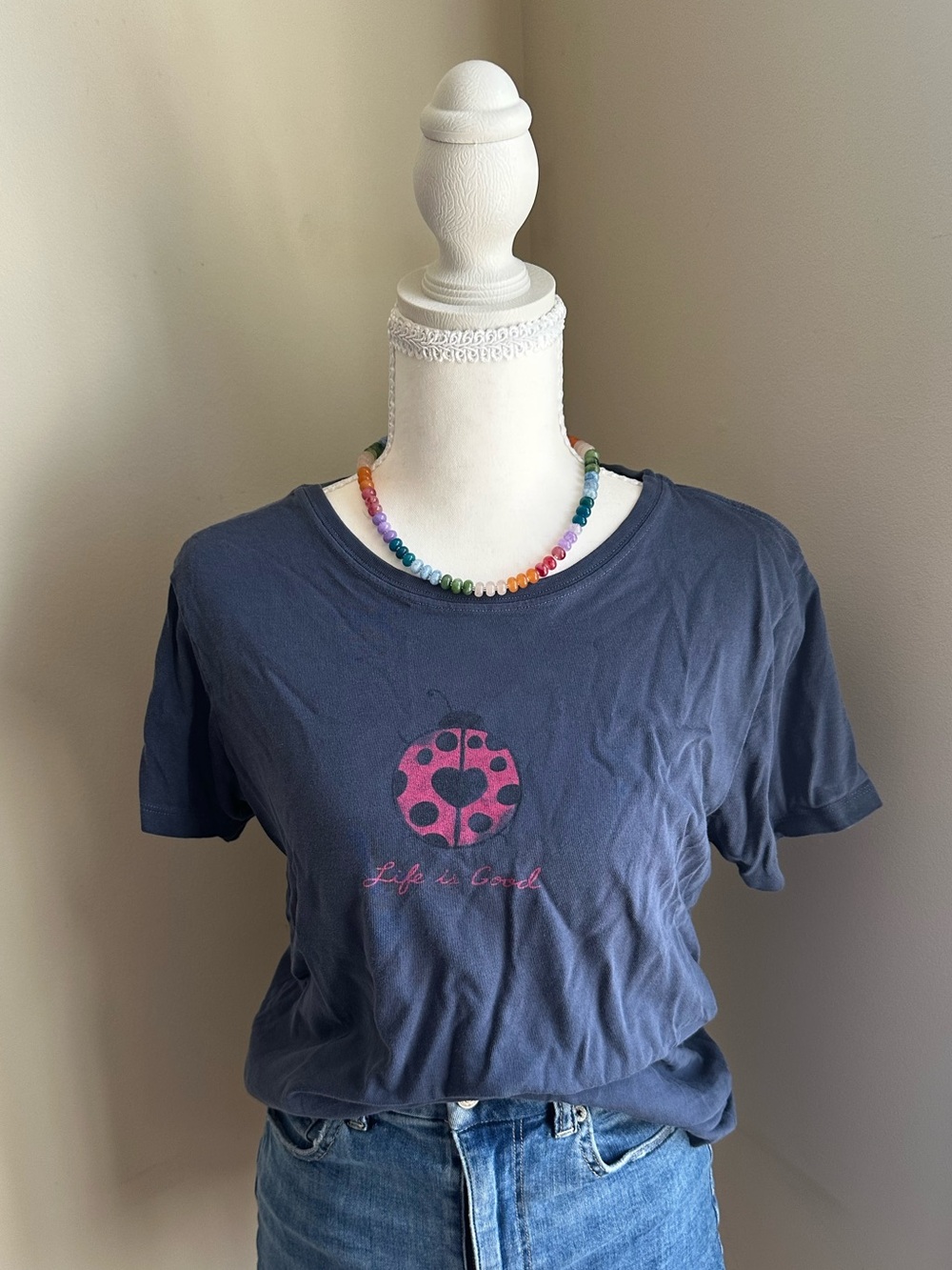 Life is good graphic tee with pink ladybug